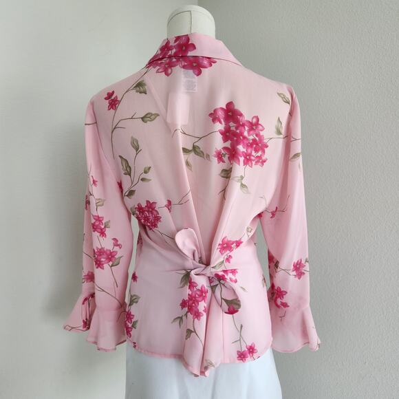 Vintage Y2K Studio I Pink Floral Sheer Button Down Blouse Tie Back S/M - Picture 6 of 10